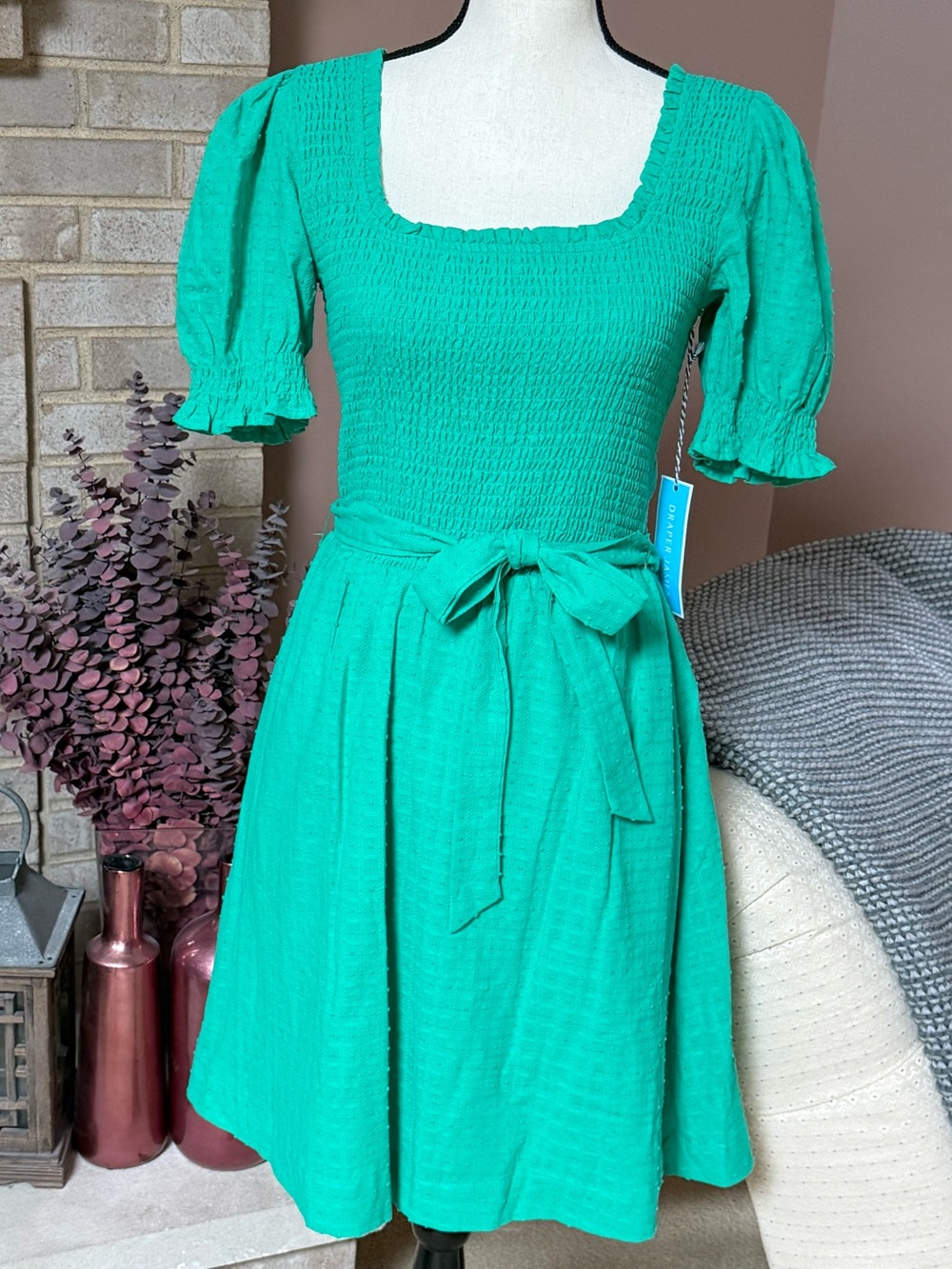 DRAPER JAMES Puff Sleeve Square Neck Dress - Green